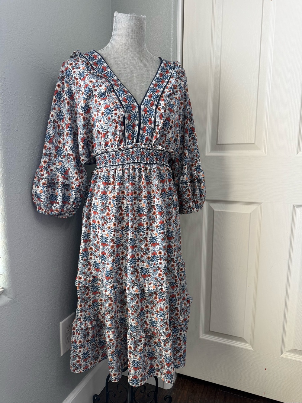 Max Studio Blue and Rust Floral Midi Dress - Picture 2 of 7